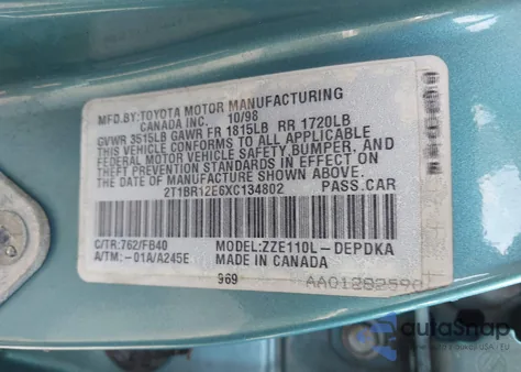 1999 Toyota Corolla Ce из США, поврежденный, VIN 2T1BR12E6XC134802